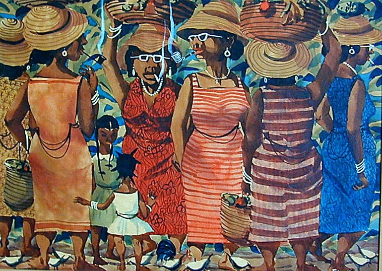 FRANK MOSS HAMILTON (AMER 1930-1999) PAINTING: An amusing opaque watercolor/gouache on board by the American artist Frank Moss Hamilton showing a scene of Jamaican women smoking pipes with white sunglasses and colorful dresses, hats and fruit bask