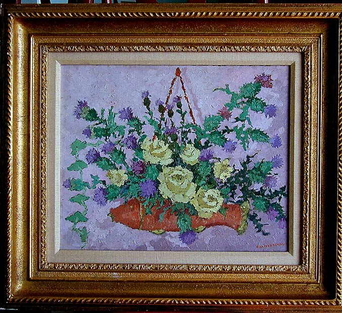 SUZANNE EISENDIECK (GERMAN 1908-1998) OIL ON CANVA: A lovely still life by the renowned German artist SUZANNE EISENDIECK depicted a hanging terracotta fish planter filled with yellow and purple flowers in full bloom, titled on the reverse "Bouquet De P