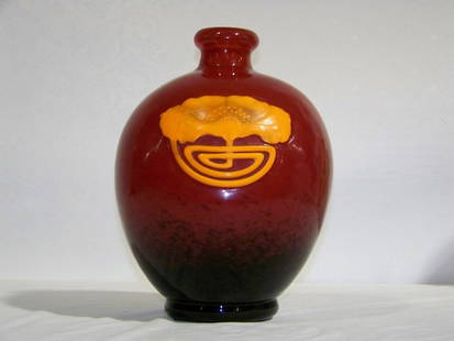 A French 'Schneider' Art Glass Vase: A French 'Schneider' art glass Vase, the circular neck forming to an ovoid body on a red ground, shading to mottled black, overlaid with an acid and wheel carved single orange poppy medallion.Signed,