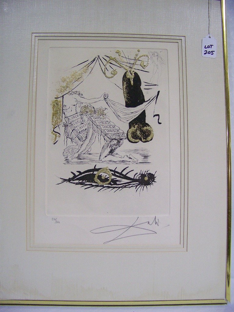 Salvador Dalí (SPANISH 1904-1989) Etching of Penis: Salvador Dalí (SPANISH, 1904-1989) Etching/Engraving of Penis. Pencil signed lower right and numbered 280/300. Great pc. of a large Penis squirting gold glitter, with female figures and a Evil Eye. A