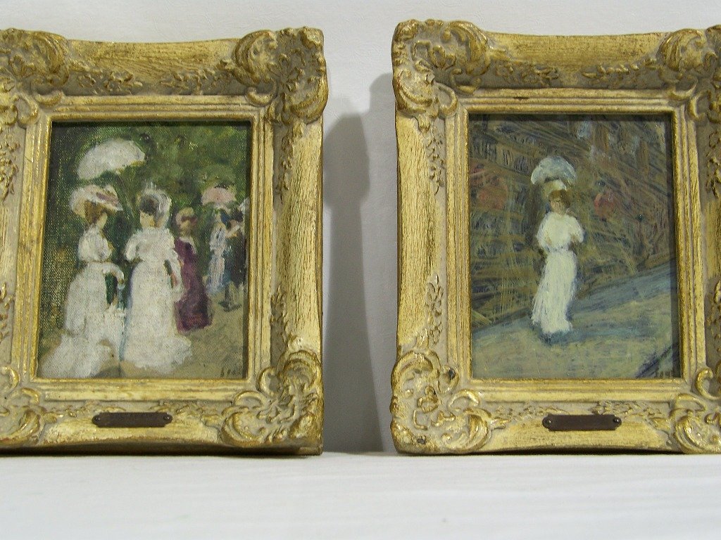 Pr. Gabriel Spat (AMERICAN, 1890-1967) Longchamps: Pair of Gabriel Spat (AMERICAN, 1890-1967) Longchamps Paris oil on board of women.Each is app.3 5/8" wide and app.4 1/2" tall, frames are app.6 1/2" x 5 1/2" wide.