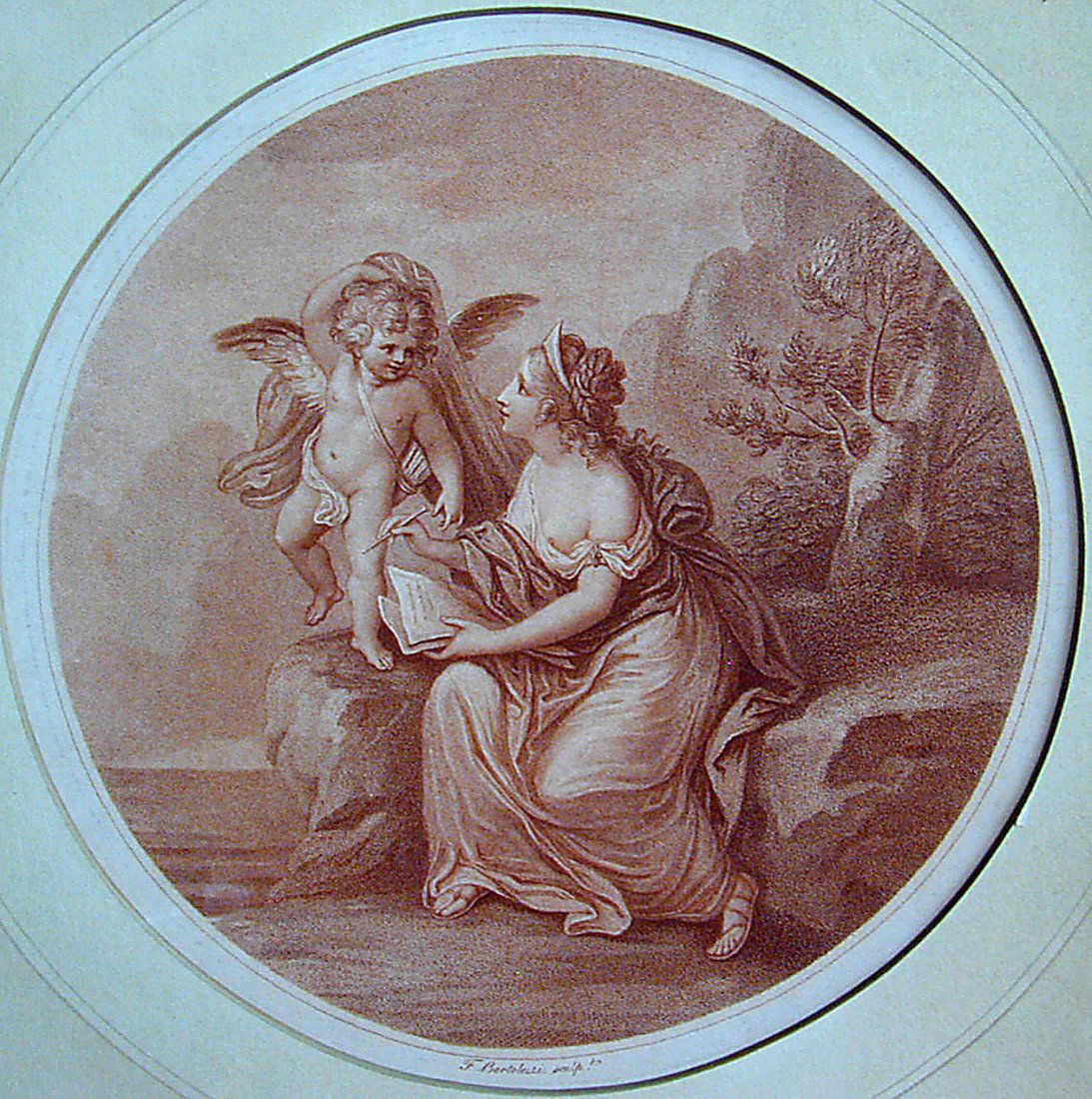 PR ENGRAVINGS FRANCESCO BARTOLOZZI (ITAL 1727-1815: A pair of engravings after Francesco Bartolozzi in sanguine color depicting allegorical scenes in a roundel shape (image size 11"D); French matting and framed; framed measurements: 19.25" x 18.75", go