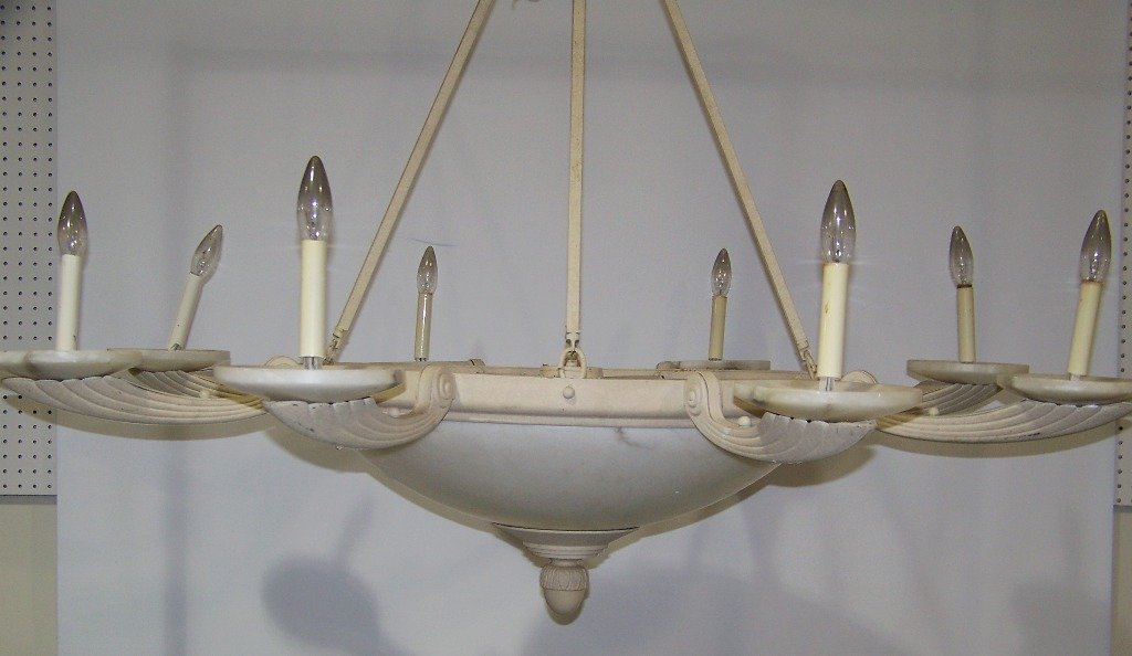 Large Mid C. Modern Iron & Alabaster Chandelier: Large Mid C. Modern Iron & Alabaster Chandelier. Great Alabaster chandelier with 8 outer lights and lights to center.Hangs app.45" and is app.52" across with 6" alabaster light shields.