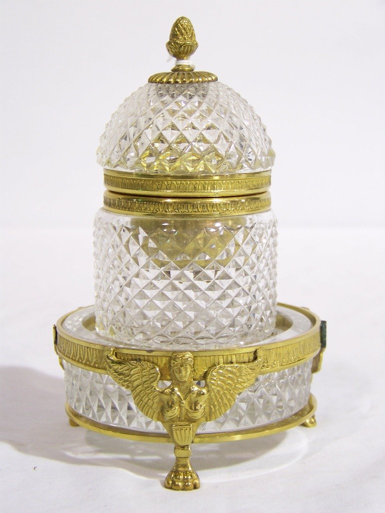 Vintage French Bronze Mounted Crystal Lighter & A: Vintage French Bronze Mounted Crystal Lighter & Ashtray. In new condition still has stickers on crystal. Has a Eagle footed bronze mounted ashtray standing app.2" tall and app.4" across resting on thr