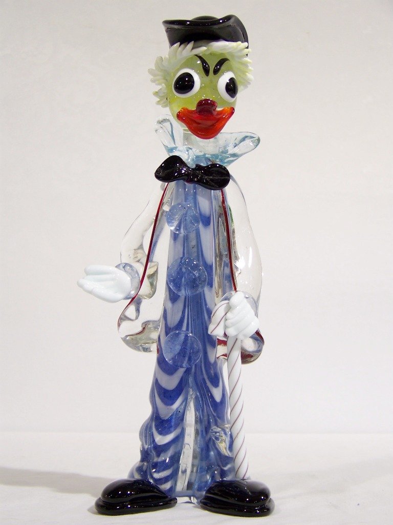 Vintage 14" Murano Art Glass Clown: Vintage 14" Murano Art Glass Clown holding a candy cane.