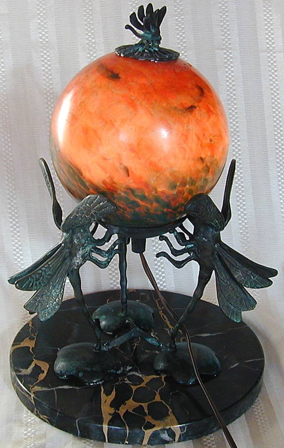 LOUIS MAJORELLE (Fr.1859-1926) DRAGONFLY LAMP: This is an original period Art Nouveau Louis Majorelle (France 1859-1926) bronze dragonfly lamp with original signed Le Verre Francais art glass globe. It is 13 1/2" High and 9" Wide mounted on a 9 1/