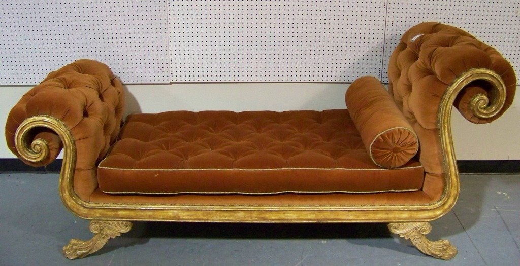 Wonderful 20th C. Classical Rolled Arm Chaise, w/La: Wonderful 20th C. Classical Rolled Arm Chaise, w/Large Camel style feet. A very high Quality Chaise.Has button tucked crushed velvet style material and back of Chaise is app.41" tall, foot rest end is