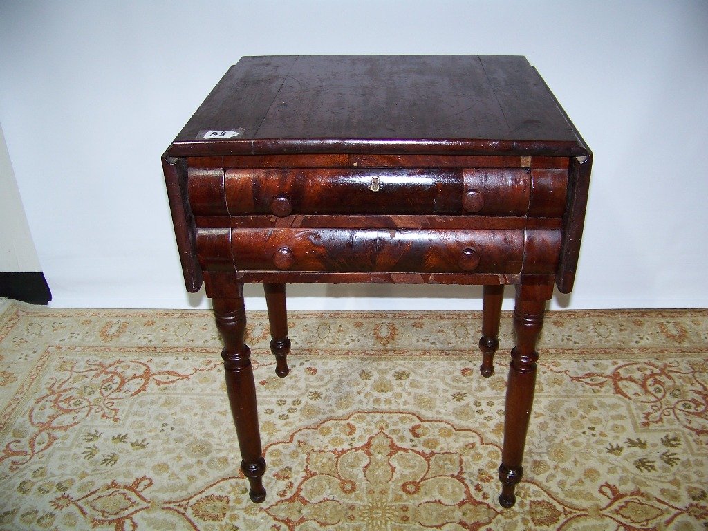 19th C. Mahogany Drop Leaf Work Table: 19th C. Mahogany Drop Leaf Work Table.Great drop leaf table with two drawers and is app.28" tall,22 1/2" wide and 18 1/2" deep.Drops are app.8 1/4" each.