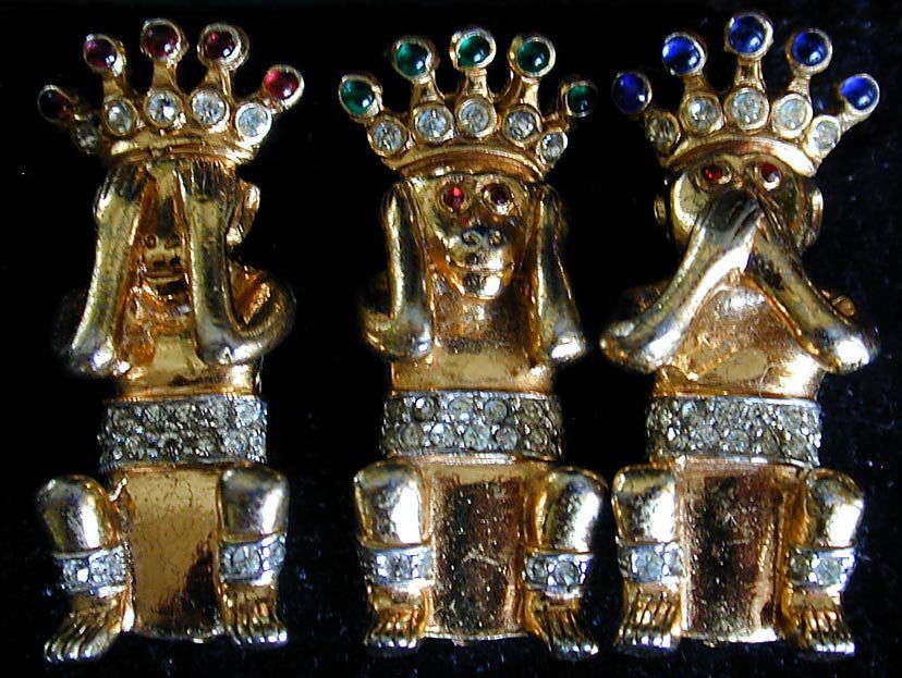 TRIFARI ALFRED PHILIPPE 3 "WISE MEN" PINS: See No Evil, Hear No Evil, Speak No Evil group of 3 scatter pins circa 1941 designed by the renowned ALFRED PHILIPPE for Trifari; crowns are set with blue, green and red stones; each marked 129317 ES