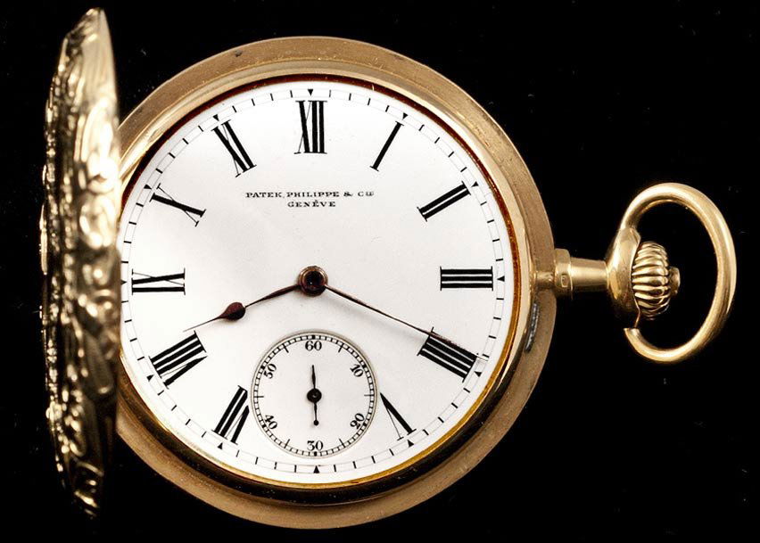 PATEK PHILIPPE 18K POCKET WATCH: Patek Philippe & Co. 18K pocket watch in hunter case with porcelain face and Roman numerals. SN 128373- 1905-1910. Hunter case is engraved on both front and back. Watch is working at this time. Porcel