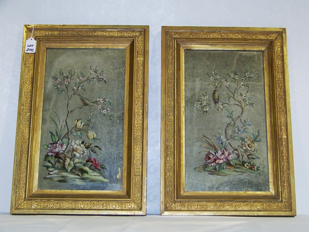 Pair 18/19th C. Continental Painting on Mirror: Pair 18/19th C. Continental Painting on Mirror. Great painting on mirror of great flowers and Birds on each.Has original had painted backing on each in period frames.Each framed is app.20" tall and 13