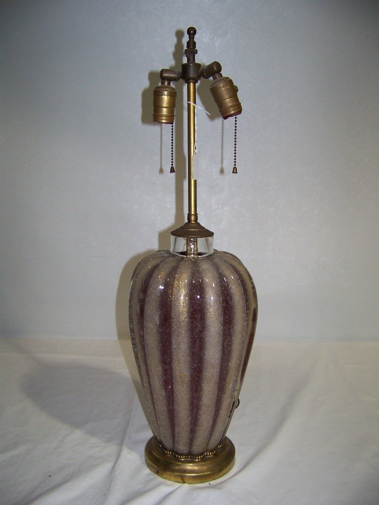 Archimede Seguso, Barovier & Toso Murano Glass Lamp: Archimede Seguso, Barovier & Toso Murano Glass Lamp. Great early ribbed thick glass vase style lamp with gold ribs throughout on a reddish purple color interior.Lamp stands app.27" tall.Vase is app.14