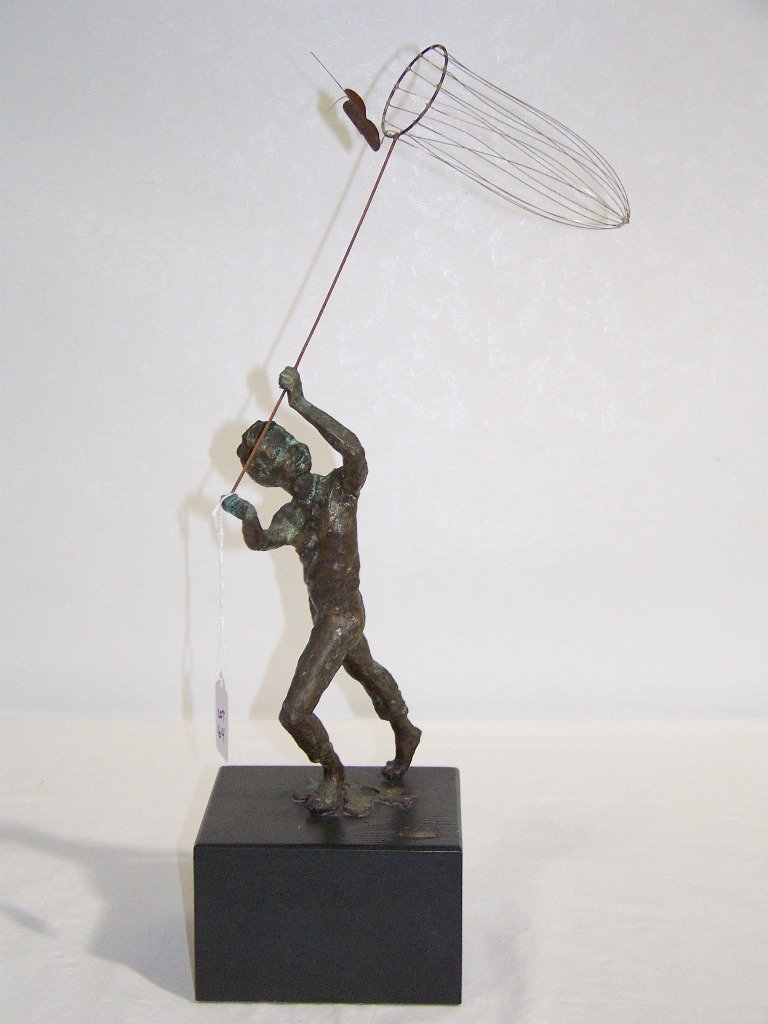 Early 1968 Curtis Jere Bronze Boy " The Butterfly C: Early 1968 Curtis Jere Bronze Boy " The Butterfly Catcher".Signed and dated 1968 on wood base,Sculpture is app.20" tall and app.10" wide.