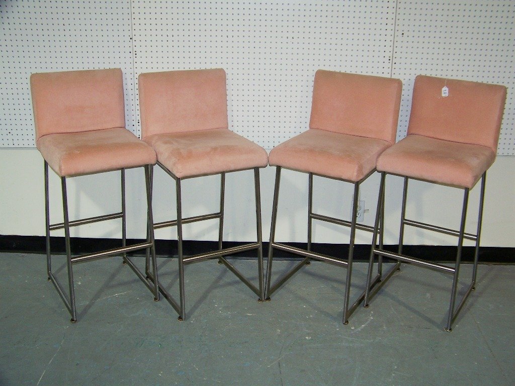4 Mid C. Modern Chrome & Leather Bar Stools: 4 Mid C. Modern Chrome & Leather Bar Stools,Each has chrome bases and each is app.38" tall,16" wide and app.20" deep.In a pink sweade leather,