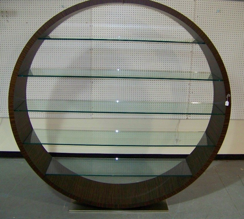 Fine Modern 6'6" Tall Round Roche Bobois Display Sh: Fine Modern 6'6" Tall Round Roche Bobois Display Shelf. A fine shelf in a Madagascar Ebony style veneer with 5 thick glass shelves. Resting on a stainless steel weighted base.A fine display pc. by Roc