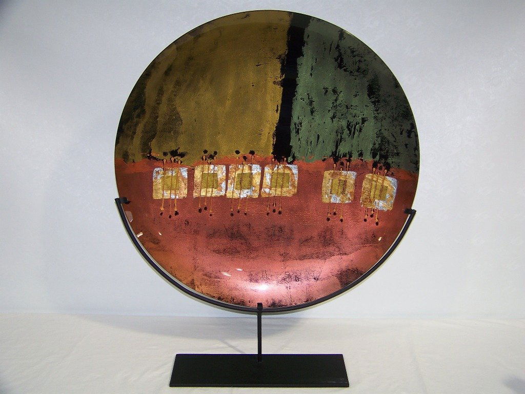 Large Signed Tony Evans 28" Art Glass Charger: Large Signed Tony Evans 28" Art Glass Charger. Great charger signed on verso,in a metal stand, overall height is app.34 1/2" tall.