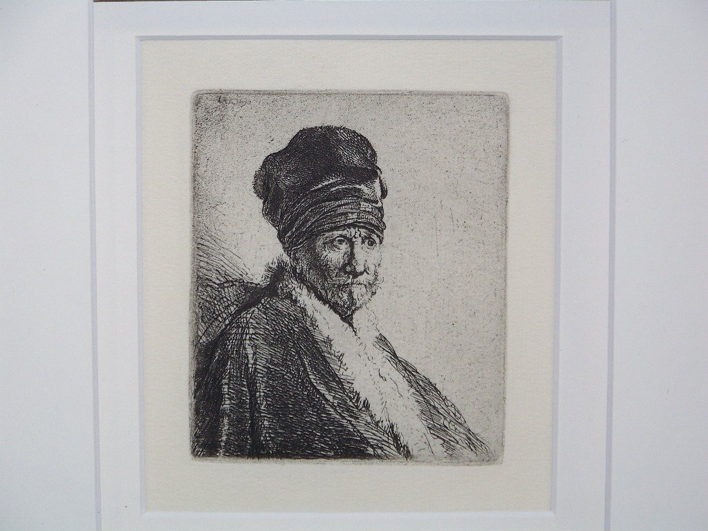 Rembrandt Van Rijn Etching,Bust of a Man Wearing H: Rembrandt Van Rijn Etching,Bust of a Man Wearing High Cap.Plate size 4" x 3 1/4", Sheet size is 12 7/8" x 9 3/4".With Certificate of Authenticity from Park West. Stated on Certificate: Etching on Ingr