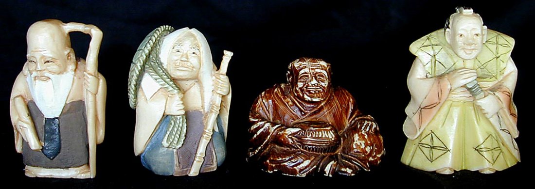 SET OF 4 POLYCHROME IVORY NETSUKES: A grouping of 4 polychrome ivory figural netsuke; 3 signed; each measures 1.5"H to 2"H, good condition.