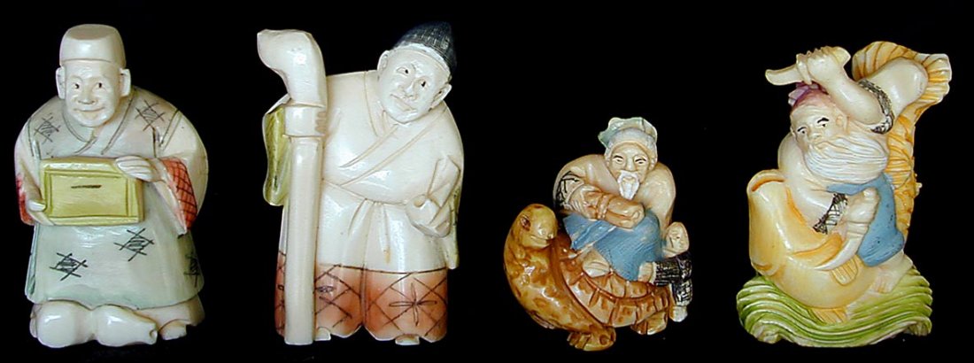 A GROUPING OF 4 POLYCHROME IVORY NETSUKE: A set of 4 polychrome ivory figural netsuke, 2 signed; each measures 1 3/8"H to 2 1/4"H, good condition.