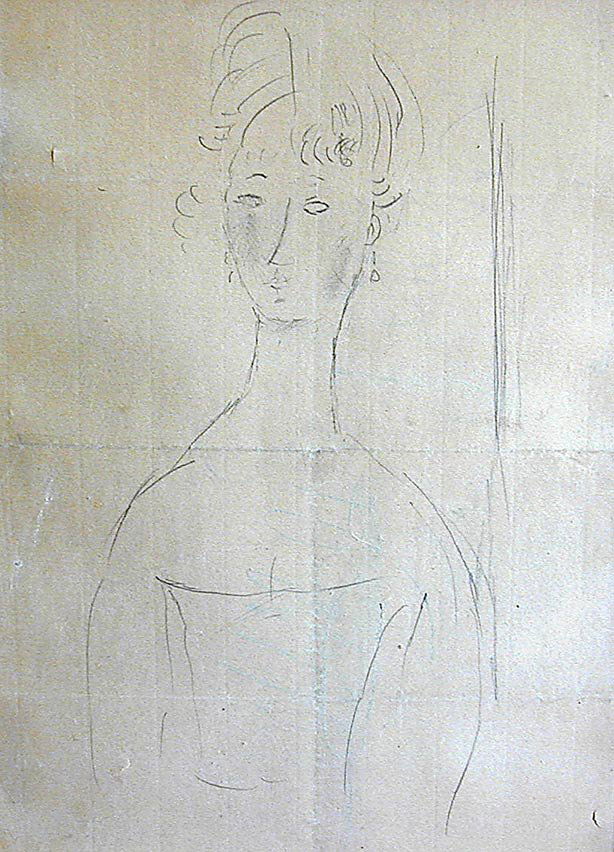 AMEDEO MODIGLIANI (ITALY 1884-1920)"JEUNE FILLE" p: This fine pencil drawing by important Italian artist Amedeo Modigliani (1884-1920) is 13" x 9 1/2". Title: "Jeune Fille". It is signed faintly en verso MODIGLIANI. The condition is good with just a mi