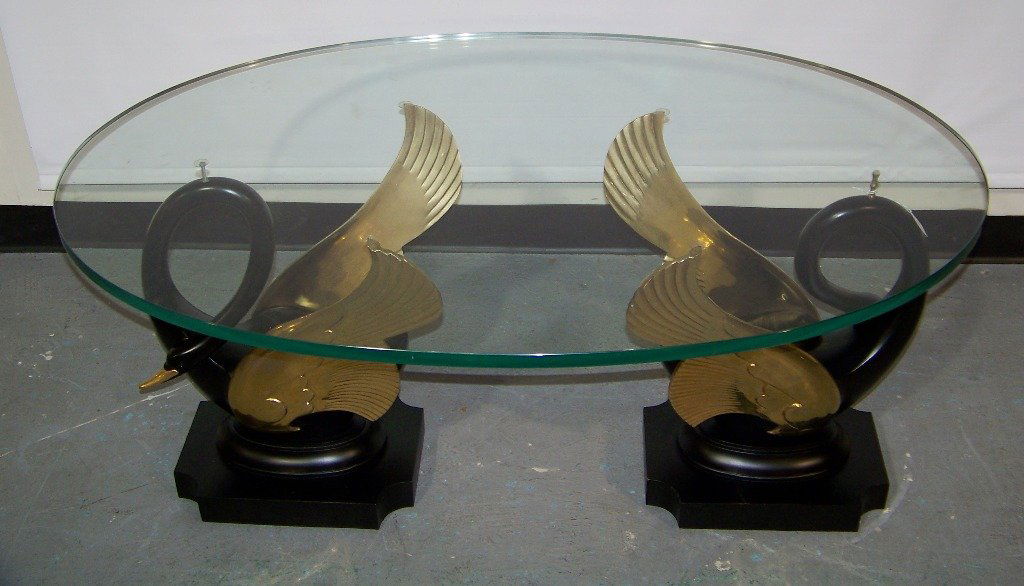 Maison Jansen Signed Double Swan Coffee Table: Maison Jansen Signed Double Swan Coffee Table.A Fine Modern Brass & Lacquered Swan Based Coffee Table. Has a double Swan Base with brass wings and beak, Table has a 30" wide and 46" long glass top(has