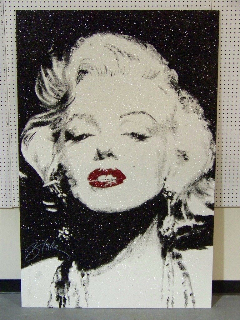 LARGE MODERN ART MARILYN MONROE BY BLAKE: INTERNATIONAL 20th C.ARTIST NOW IN ATLANTA MIXED MEDIA OIL PAINT AND CRYSTALS DONE BY HAND, 47"w, 72"tall, on wood.Signed on front and on verso.