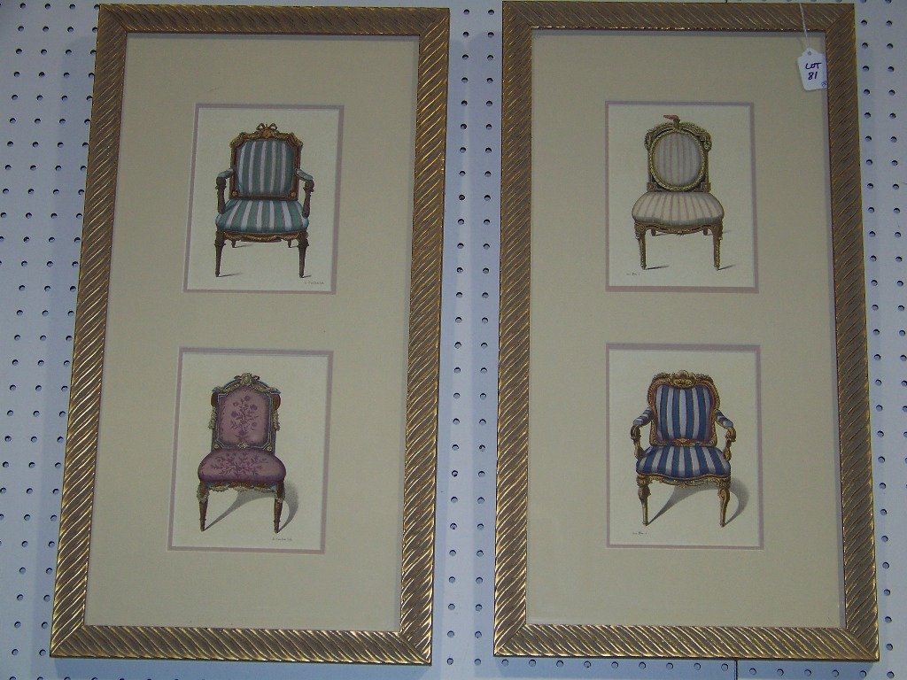 Pair 19th C.French Hand Colored Litho of Antique Ch: Pair 19th C.French Hand Colored Litho of Antique Chairs. A fine pair of framed lithos. Each is app.5 1/2" wide and app.7 1/4". Frames are app.14" x 25 1/2" tall.