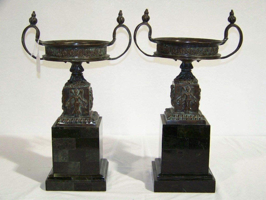 Pair of Maitland Smith Bronze & Marble Handled Urn: Pair of Maitland Smith Bronze & Marble Handled Urn.Each compote on a marble and bronze base's.Each with double handles.Each is app.16" tall and app.10" wide.