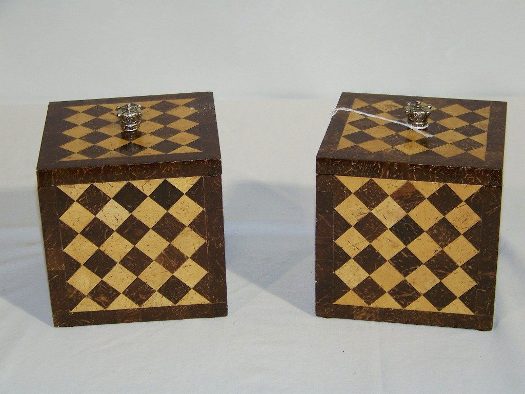 Pair Maitland Smith Inlaid Kings Crown Topped Box: Pair Maitland Smith Inlaid Kings Crown Topped Box. A fine pair of inlaid boxes each with a Kings crown finial on each. Boxes are app.7" tall,5 1/4" square.