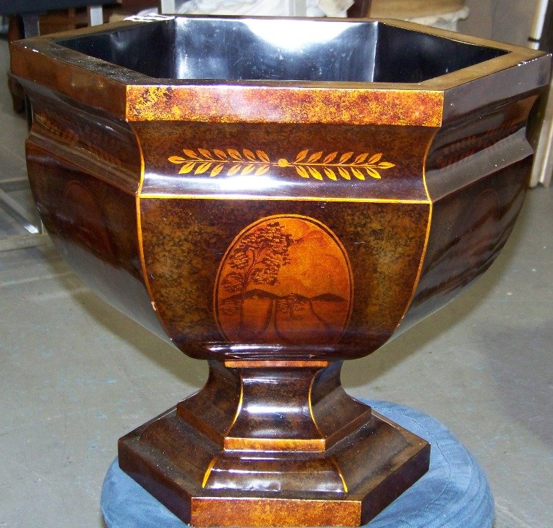 Fine Wooden Hand Painted Maitland Smith Planter: Fine Wooden Hand Painted Maitland Smith Planter.6 Sided with nice landscape scenes to each side. Stands app.17 1/2" tall and app.18" wide.