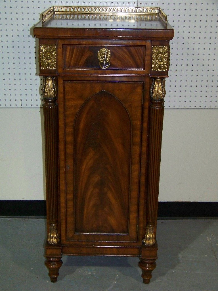 Fine Maitland Smith Bronze Mounted Inlaid Davenpor: Fine Maitland Smith Bronze Mounted Inlaid Davenport.Has one drawers and locking door to interior shelf.Has fine carved Paw feet with a galley at top.Stands app.44" tall,19" square top resting on four 