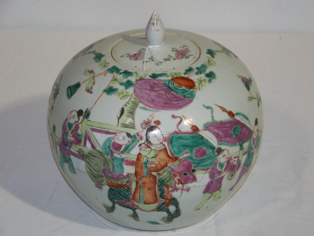 Vintage Chinese Porcelain Ginger Jar w/ Bats & Fig: Vintage Chinese Porcelain Ginger Jar w/ Bats & Figures. Great ginger jar with lid. Hand painted with what looks to be a family playing outside with bats and a horse and tree's. Jar is app. 9 1/2" tall