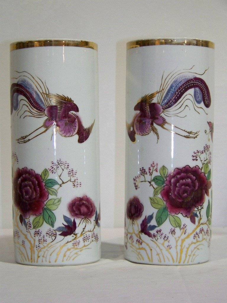 Pair Vintage Hand Painted Japanese Porcelain Hat S: Pair Vintage Hand Painted Signed Japanese Porcelain Hat Stands/Vase's.Each hand painted with birds, flower's and butterflies.Each is app.11" tall and app.4 1/2" across top.