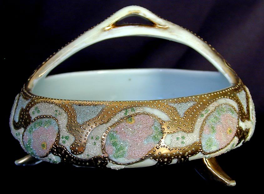 ANTIQUE NIPPON CORALENE BOWL: This is a fine circa 1900 - 1910 purple mark Nippon Coralene footed and handled bowl. It is in very good condition. No chips, cracks or repairs. Only a few glass beads missing.The size is app.5" acros