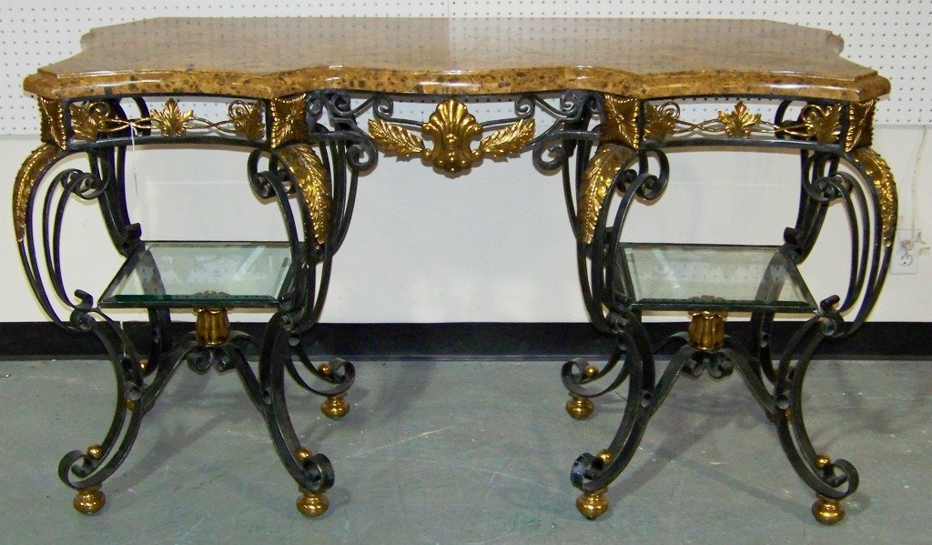 Fine Marble Bronze & Iron Console Table "Maitland: Fine Marble Bronze & Iron Console Table "Maitland Smith". A fine table with bronze mounts and two large bronze center finials resting on bronze or brass round bun feet.Has two beveled glass shelves on
