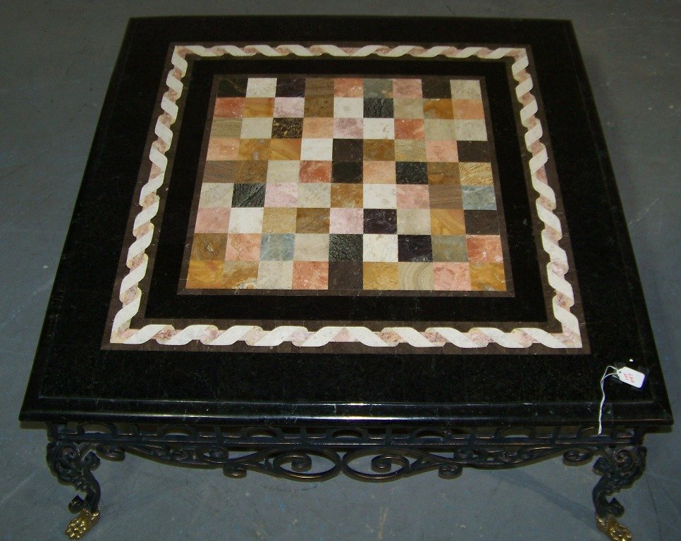 Mosaic Inlaid Bronze Mount Coffee Table "Maitland: Mosaic Inlaid Bronze Mount Coffee Table by "Maitland Smith. A fine mosaic style marble top inlaid coffee table with bronze claw feet and iron base.Table is app.19" tall and app.41" square top.