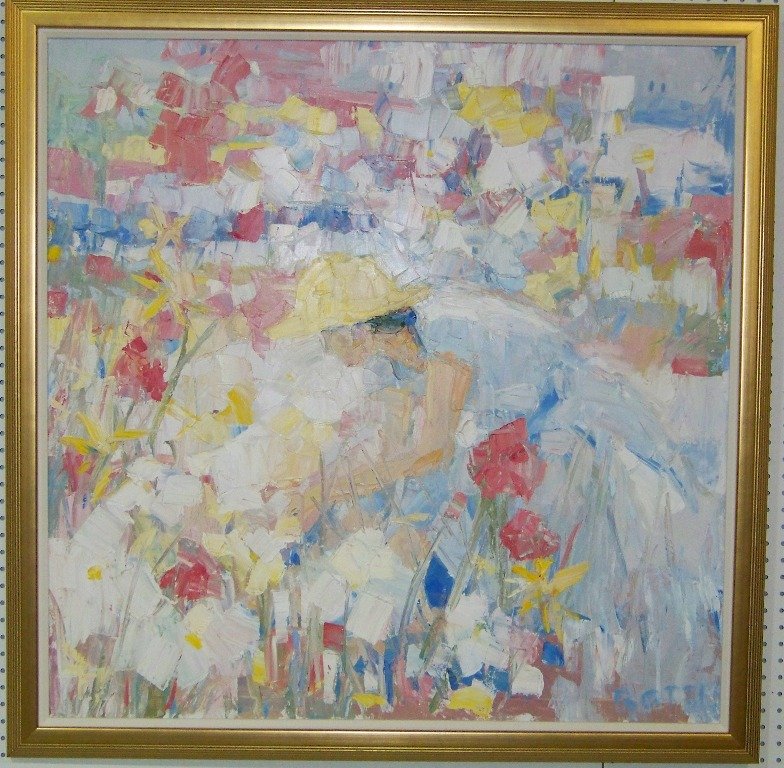 Italo Botti (1923 - 2003) O/C Titled" Private Ga: Italo Botti (1923 - 2003) O/C Titled" Private Garden ". Wonderful oil on canvas of a Young Lady with hat picking Flowers.Size is app.44 1/2" tall and 44 1/2" wide framed.Signed lower right.