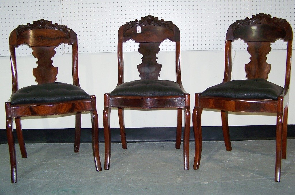 3 Flame Mahogany 19th C. Carved Chairs: 3 Flame Mahogany 19th C. Carved Chairs.Each has great carving to tops of chairs with flowers. Each is app.33" tall,18" wide and app.20" deep.