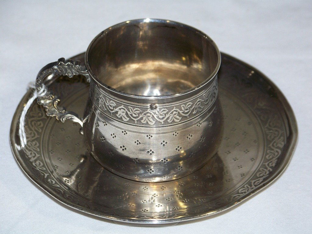 19th C Sterling Child's Cup & Saucer by Alphonse Debain: 19th C Sterling Child's Cup & Saucer by Alphonse Debain.Total weight is app.3.21 troy Oz's.
