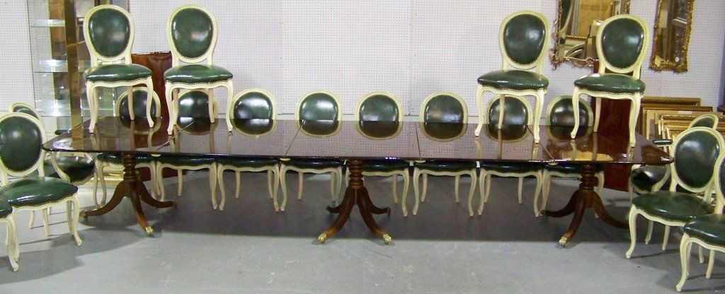 18 Vintage French Balloon Back Chairs,w/Green Nail Stud: 18 Vintage French Balloon Back Chairs,w/Green Leather seats and backs with a fine nail head Finnish to each by Oscar Shadell. Set has 16 side chairs and 2 arm chairs.Each is filled with Horse and Hog