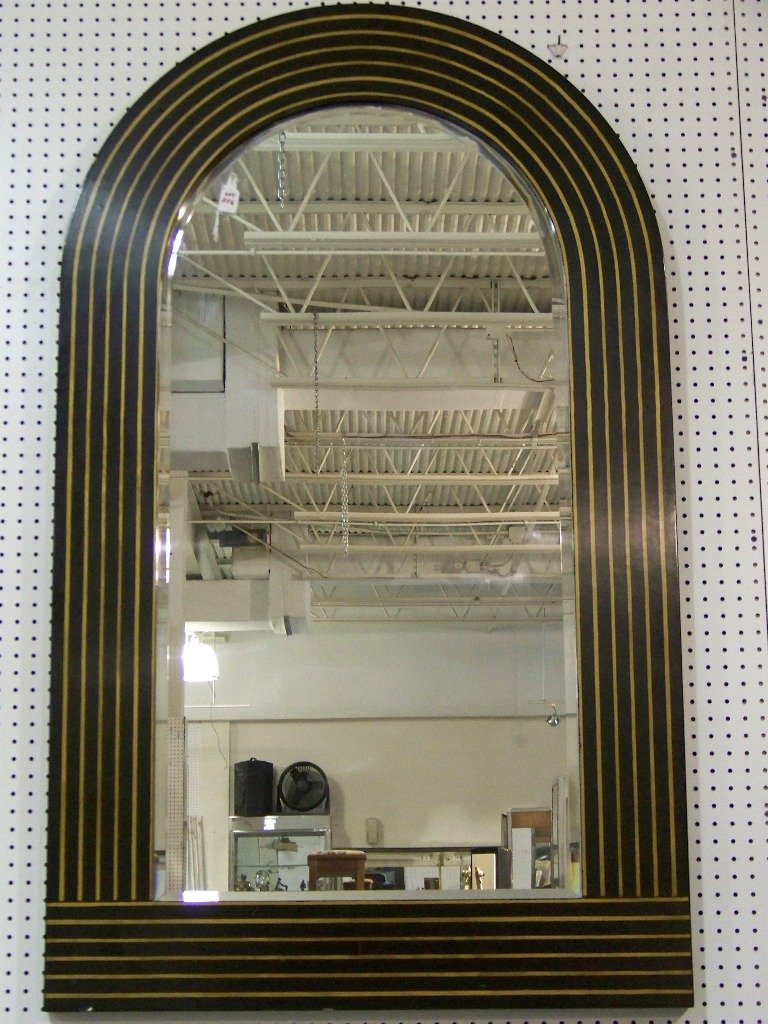 Mid C. Modern Signed " D.Gennaro" Hand Painted Mirror: Mid C. Modern Signed " D.Gennaro" Hand Painted Mirror. Signed and dated on verso 1982.Mirror has a dome top and is app.5' tall and 3' wide.Mirror is black with gold pin striping.