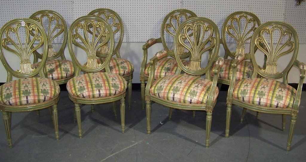 8 Carved Oscar Shadell Horse Hair Balloon Back Chairs: 8 Fine Carved Oscar Shadell Horse Hair Balloon Back Chairs.Set has 4 arm and 4 side chairs.Each has Horse and Hog hair to seats.French in style and each is app.39 1/2" tall,22" wide and app.25" deep.
