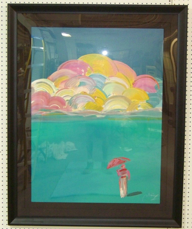 Peter Max Signed Hand Colored Litho with Stamp: Peter Max Signed Hand Colored Litho with Stamp. Great large hand colored signed litho of a young Lady with Umbrella with colorful clouds in back ground. Litho is app.39" tall and 29" wide and framed i