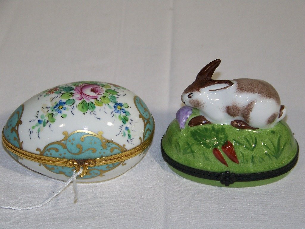 Pair Peint Main Limoges Trinket Boxes: Pair Peint Main Limoges Trinket Boxes. The one with the Rabbit top is signed on base Peint Main and " The Yellow House", other egg one is signed Decor Main Goudeville Limoges.Egg is app.4" long.