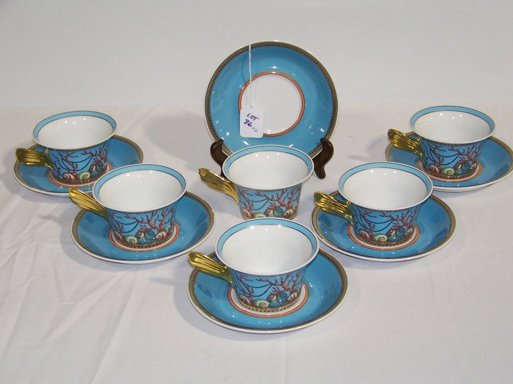 6 Versace Les Tresors de la Mer Cups & Saucers: 6 Versace Les Tresors de la Mer Cups & Saucers. Great set of cups and saucers by Rosenthal studio line.All in like new condition.Cups are app.2 3/8" tall x 5" across handle.