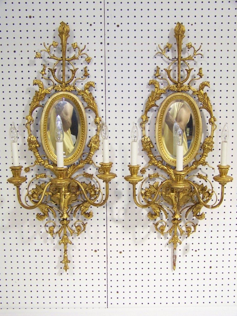 Pair Fine Italian Gilded Mirror Back Sconces: Pair Fine Italian Gilded Mirror Back Sconces. Great pair of sconces, each with three lights and each being app.38" tall and app 16" wide.