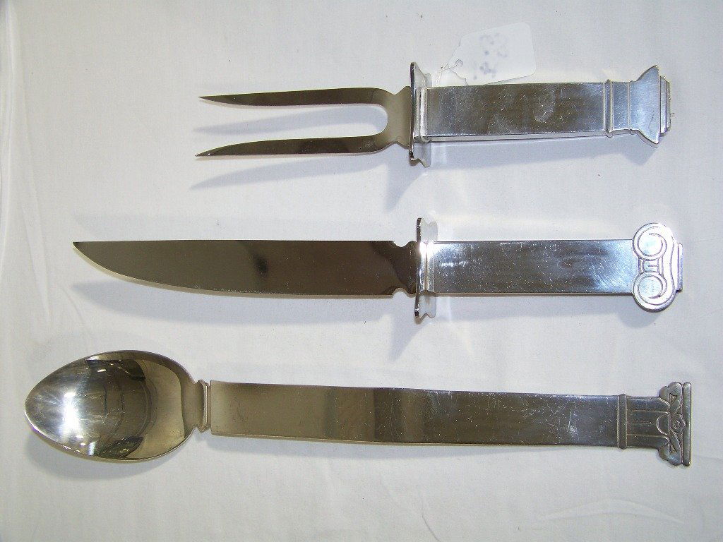 3 Reed & Barton "Swid Powell" S/P Serving Pcs.: Reed & Barton Swid Powell Robert Venturi Columns Silver Plate Carving Set & a large Spoon. Knife is app.12 3/4" long,Fork is app.9 3/4" and spoon is 14 1/8".