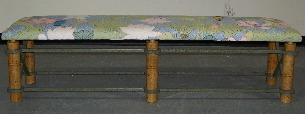 Great Modern Iron & Wooden Window Bench: Great Modern Iron & Wooden Window Bench. Great bench with a nice tropical print upholstered seat resting on 6 legs.Bench is app.5'7" long and 17" tall an 18" deep.