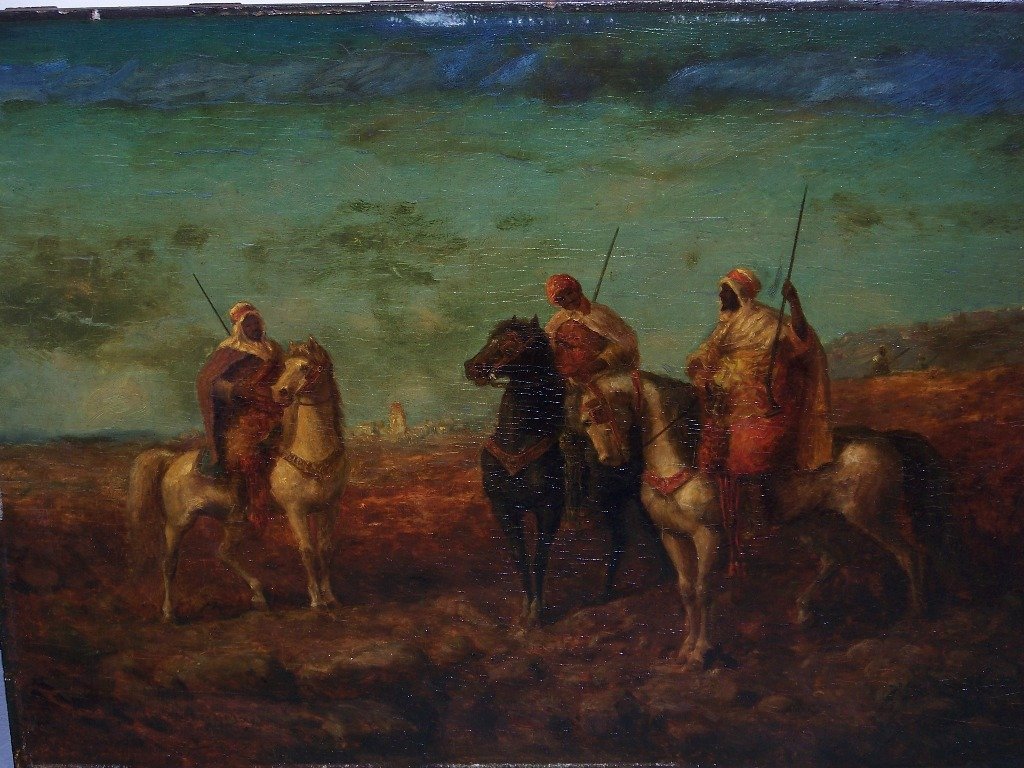19thC. Orientalist Signed Oil: 19thC. Orientalist Signed Oil. Great painted of 3 Arabian Men on horse back. Signed lower left indistinctly.In a Lattice backed frame.Oil is app.15 3/4" tall and app.20" wide.Frame is app.21" x 25" wi