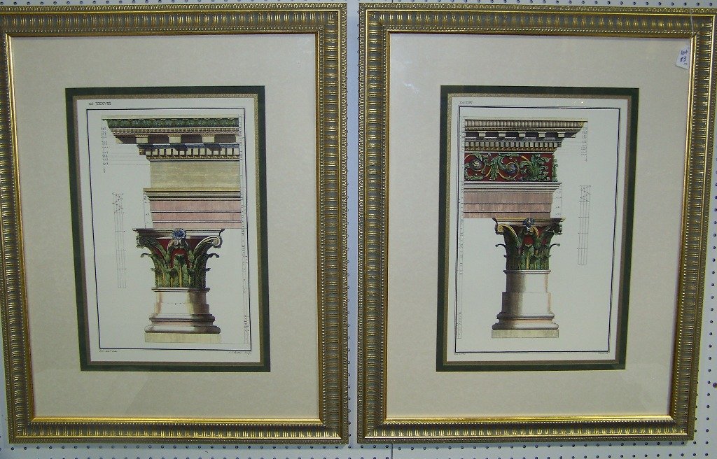 Pair 20th C.Architectural Renderings, Lithographs: Pair 20th C.Architectural Renderings, Lithographs. Pair of great colored Architectural drawing's, each is signed at base and each is app.20 1/8" tall,13 1/4" wide.In wonderful gold gilded frames, each